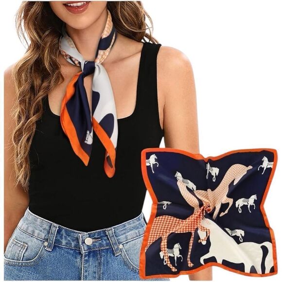 Designer Inspired Orange Navy Blue Silk Square Scarf - Picture 1 of 6